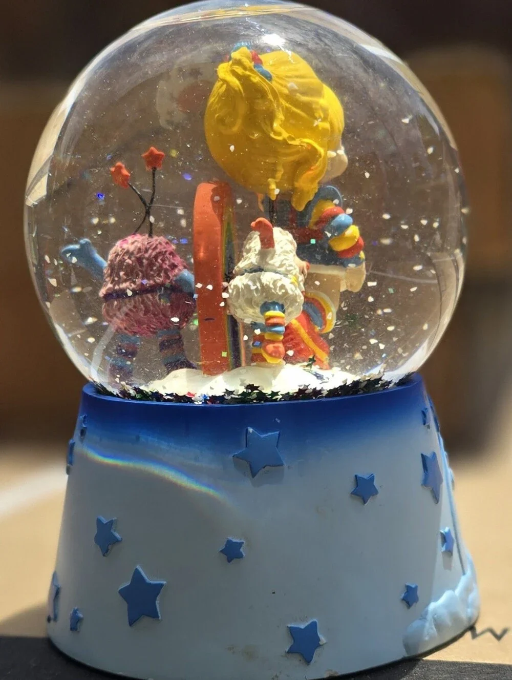 Vintage RARE Rainbow Bright Blue Snow Globe with Colorful Figurines